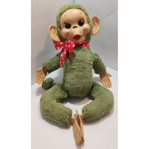 Vtg 1950's Rubber Face Green 16" Monkey Plush Stuffed Rushton My Toy Co Rare - Picture 2 of 16